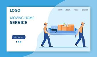 Moving service and delivery company. Delivery character man movers carry sofa with big carton cardboard box. Delivery and relocation service concept. Landing page. Vector illustration in flat style