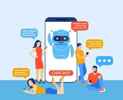 chatbot ai y cliente Servicio concepto. personas hablando con charla larva del moscardón en un grande teléfono inteligente pantalla. ai robot asistente para usuario correspondencia. cliente apoyo. vector ilustración en plano estilo