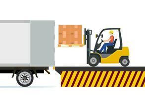 Forklift loading pallet boxes into truck. Warehouseman with checklist. Electric uploader loading cardboard boxes in delivery car. Logistic shipping cargo. Vector illustration in flat style