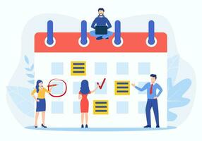 Planning schedule, business event and calendar concept. People with schedule, pen and notes organize meeting. Planning strategy and time management. Vector illustration in flat style