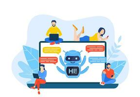 Talking to a chatbot online on laptop computer. Communication with a chat bot. Customer service and support. Artificial intelligence concept. vector