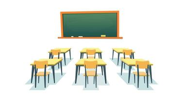 School chalkboard and desks. Empty blackboard, elementary classroom wooden desk table and chair education board furniture isolated on white background. Vector illustration in a flat style