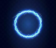 Realistic magic circle of thunder storm blue lightnings. Magic and bright lighting effects. Electric circle. Round frame with electricity and lightnings. vector