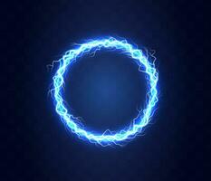 Realistic magic circle of thunder storm blue lightnings. Magic and bright lighting effects. Electric circle. Round frame with electricity and lightnings. vector