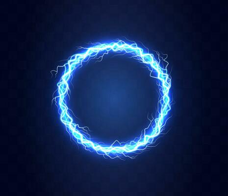 Realistic magic circle of thunder storm blue lightnings. Magic and bright lighting effects. Electric circle. Round frame with electricity and lightnings.