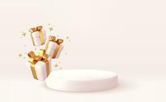 3d Christmas style Product podium scene with flying falling white gift box with gold bow. Merry Christmas and New Year festive banner design, greeting card. 3d rendering. Vector illustration