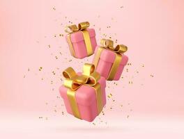 3d pink gift boxes with golden ribbon and bow and gold sequins confetti. Birthday celebration concept. Merry New Year and Merry Christmas gift boxes with golden bows. 3d rendering. Vector illustration