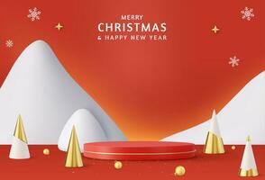 3d Christmas and New Year round podium studio with cone trees. Creative holiday template. Xmas winter composition. Banner and web poster. 3d rendering. Vector illustration