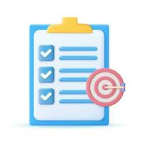 3d Clipboard, checklist symbol. Assignment target icon. Project task management and effective time planning tools. 3d rendering. Vector illustration