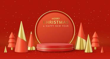 3d Christmas and New Year round podium studio with cone trees. Creative holiday template. Xmas winter composition. Banner and web poster. 3d rendering. Vector illustration