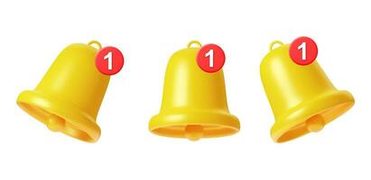 3d render Yellow Bell notifications. Set of Bells Icon with new message. Ringing handbell icons for social media reminder and alert. Vector illustration.