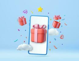 3d Phone, box, app, fortune. Gift-opening, sharing gifts online, greeting cards, guest invitation, unpacking present 3d rendering Vector illustration