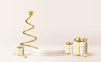 3d christmas design, golden metallic cone spiral tree with gift boxes and podium. Christmas and New Year background. 3d rendering. Vector illustration