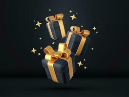 3d black gift boxes with golden ribbon and bow. Birthday celebration concept. Merry New Year and Merry Christmas black gift boxes with golden bows. 3d rendering. Vector illustration