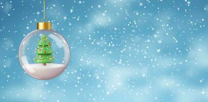 3d Snow globe with Christmas tree in snow. Winter Christmas and new year background. 3d rendering. Vector illustration