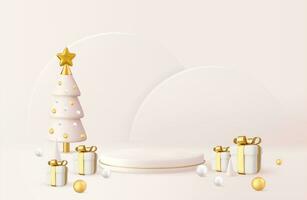 3d christmas design, christmas tree with gift boxes and podium. Christmas and New Year background. 3d rendering. Vector illustration