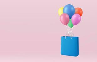 3D Flying Shopping bag on Balloons isolated on background. Banner template with empty copy space. Online shopping concept. 3d rendering. Vector illustration