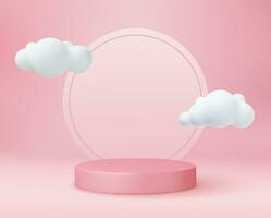 3d pink rendering with podium and cloud white scene. Stage 3d render in cloud product platform. mock up geometry shape podium for product display with empty space. Vector illustration