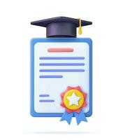 3d Achievement, award, grant, diploma concepts. graduation certificate with cup icon with stamp and ribbon bow. 3d rendering. Vector illustration