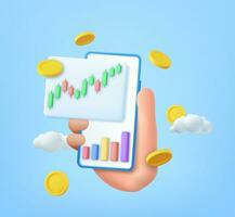 3D stock online trading with smartphone and money coin. nvestment trading in the stock market,Investment graph using funding business on mobile in hand. 3d rendering. Vector illustration