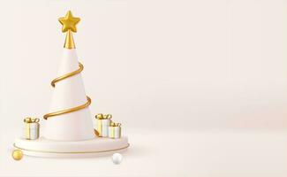 3d christmas design, golden metallic cone spiral tree with gift boxes and podium. Christmas and New Year background. 3d rendering. Vector illustration