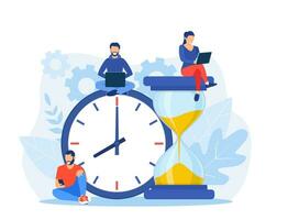 Time management and business planning. Time is money. Deadline. Young employees work near the dial of a large watch. Team working together with laptops. Vector illustration in flat style