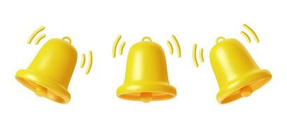 3d render Yellow Bell notifications. Set of Bells Icon. Ringing handbell icons for social media reminder and alert. Vector illustration.