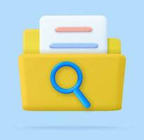 3d Magnifying glass and yellow folder with files. concept of document search. minimal design. 3d rendering. Vector illustration