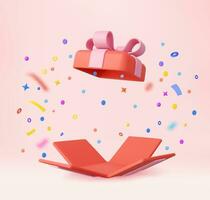 3d Surprise open Gift Box With Falling Confetti. Present box as prize concept. Christmas and New Year s surprise. Present box for birthday. 3d rendering. Vector illustration