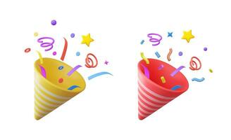 3D Party popper with explosion confetti. Birthday surprise. Firecracker with serpentine. Holiday and event celebration. 3d rendering. Vector illustration