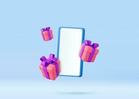 3d Flying gifts with a mobile phone mockup. vector