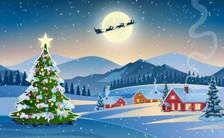 Winter snow landscape and houses with christmas tree. concept for greeting or postal card. background with moon and the silhouette of Santa Claus flying on a sleigh. vector illustration.