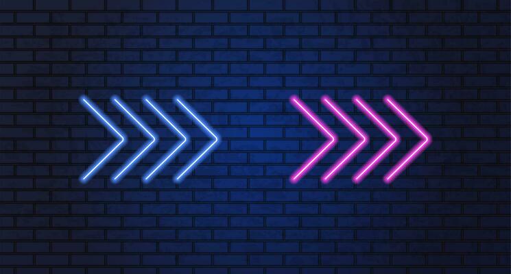 Neon arrow lamp wall sign. Glowing neon arrow pointer on brick wall background. Retro signboard with bright neon tubes. glowing bulb banner. Vector illustration.