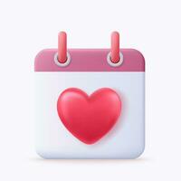 3d Calendar, notes reminder. Organizer Icon with red heart. Realistic Elements for romantic design 3d rendering. Vector illustration