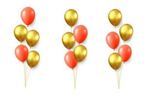 Set of festive gold, red balloons isolated on white background. Color glossy flying baloon, ribbon, birthday celebrate, surprise. 3d rendering. Vector illustration