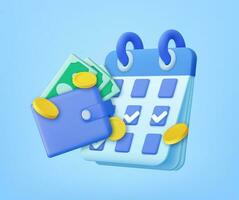 3D Calendar with Wallet and Money Coin. Check in every day and get bonus and cash prize. Plan payment concept. 3d rendering. Vector illustration