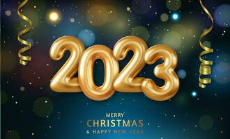 3d Happy New Year 2023. Hanging golden 3D numbers with confetti on a defocused colorful, bokeh background. Vector illustration