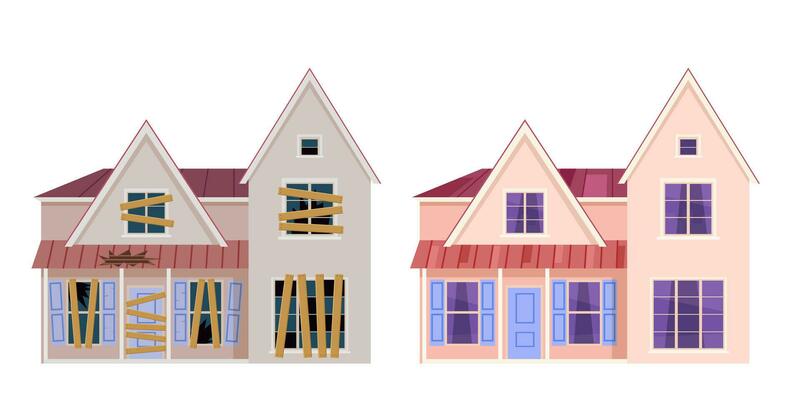 Abandoned house. Home renovation. House before and after repair. New and old suburban cottage. Vector illustration in a flat style