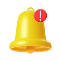 3d render Yellow notification bell icon with new urgent message isolated on white background. Social media notice event reminder. concept of notification message. Vector illustration