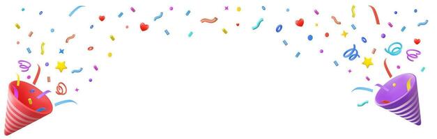 3D Rendering of party popper and confetti with copy space. Birthday surprise. Firecracker with serpentine. Holiday and event celebration. 3d rendering. Vector illustration