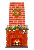 Christmas fireplace isolated on a white background. fireplace with socks, candle balls gifts and wreath. Happy new year decoration. Merry christmas holiday. Vector illustration flat style