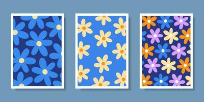 Set of Trendy floral background designs. Hand drawn 70s style floral background illustration. Vector illustration