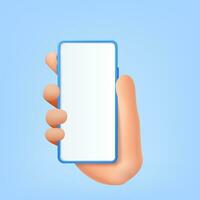 3D Cartoon hand holding smartphone isolated on white background, Hand using mobile phone mockup. 3d render Vector illustration.