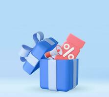 3d gift box with label with a percentage sign and megaphone . Creative concept of online bargain shopping. 3d rendering. Vector illustration