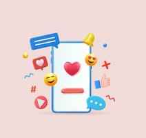 3d render social media and technology with smartphone, like button and geometric shapes, chat. online social communication applications concept. Vector illustration.