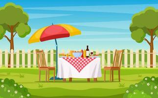 Barbecue party in the backyard with fence, trees, bushes. picnic with barbecue on summer lawn in park or garden food on table, chairs and umbrella. vector illustration in flat design