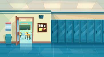 Empty School Corridor Interior With Row Of Lockers,and open door in classroom. Horizontal Banner. cartoon College campus hall or university lobby. Vector illustration in a flat style