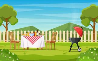 bbq party in the backyard with fence, trees, bushes. picnic with barbecue on summer lawn in park or garden food on table, chairs. vector illustration in flat design