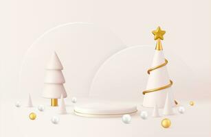 3d christmas design, golden metallic cone spiral tree with podium. Christmas and New Year background. 3d rendering. Vector illustration