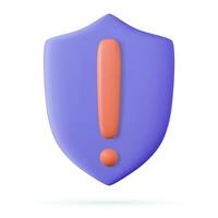 3d Security guard shield exclamation icon. concept for cyber safety protection. 3d rendering. Vector illustration